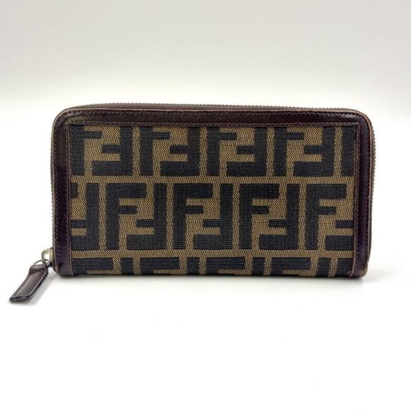 Fendi Zucca Pattern Round Zipper Canvas Brown Long Wallet Silver - Picture 1 of 15